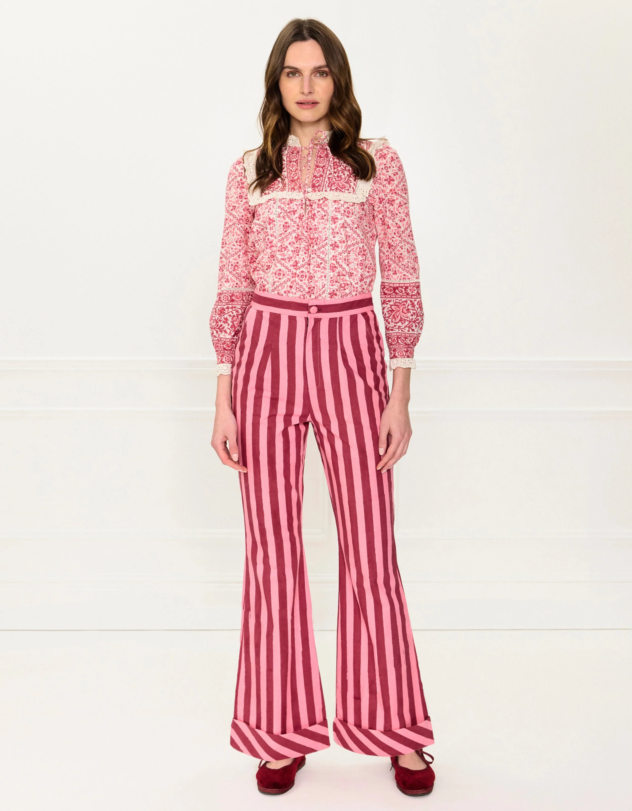 Burgundy Stripe Romy Trousers | Pink City Prints UK
