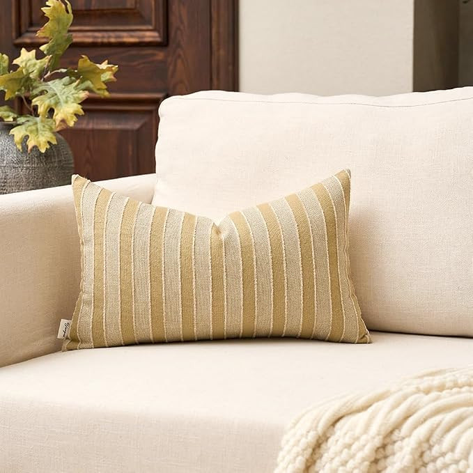 Yangest Boho Cotton and Linen Rectangle Pillow Cover 12x20 Inch, Cozy Soft Neutral Striped Couch ... | Amazon (US)