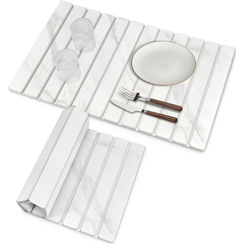 Large Stone Dish Drying Mats for Kitchen Counter, 28"(L)×16"(W) Marble-Pattern, Fast Drying Collapsible Dish Drying Mat, Eco-Friendly Absorbent Diatomaceous Earth Mats for Match Countertop | Amazon (US)