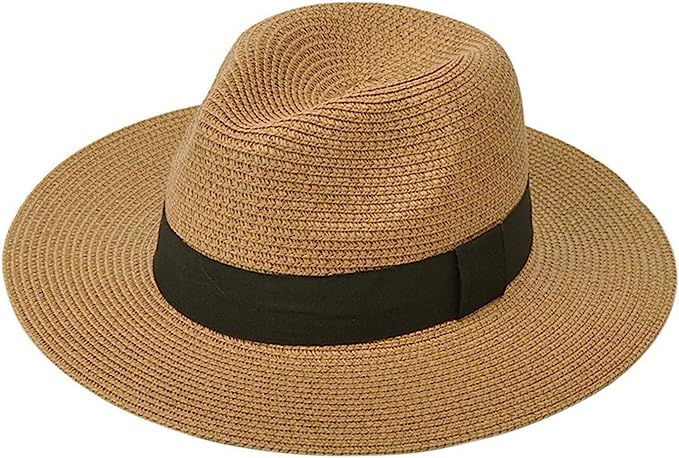 DRESHOW Women Straw Panama Hat Fedora Beach Sun Hat Wide Brim Straw Roll up Hat UPF 30+ | Amazon (US)