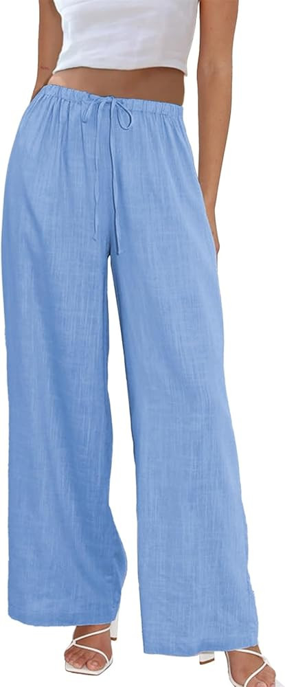 Duyang Womens Cotton Linen Palazzo Pants Drawstring Elastic Waist Casual Wide Leg Trousers with P... | Amazon (US)