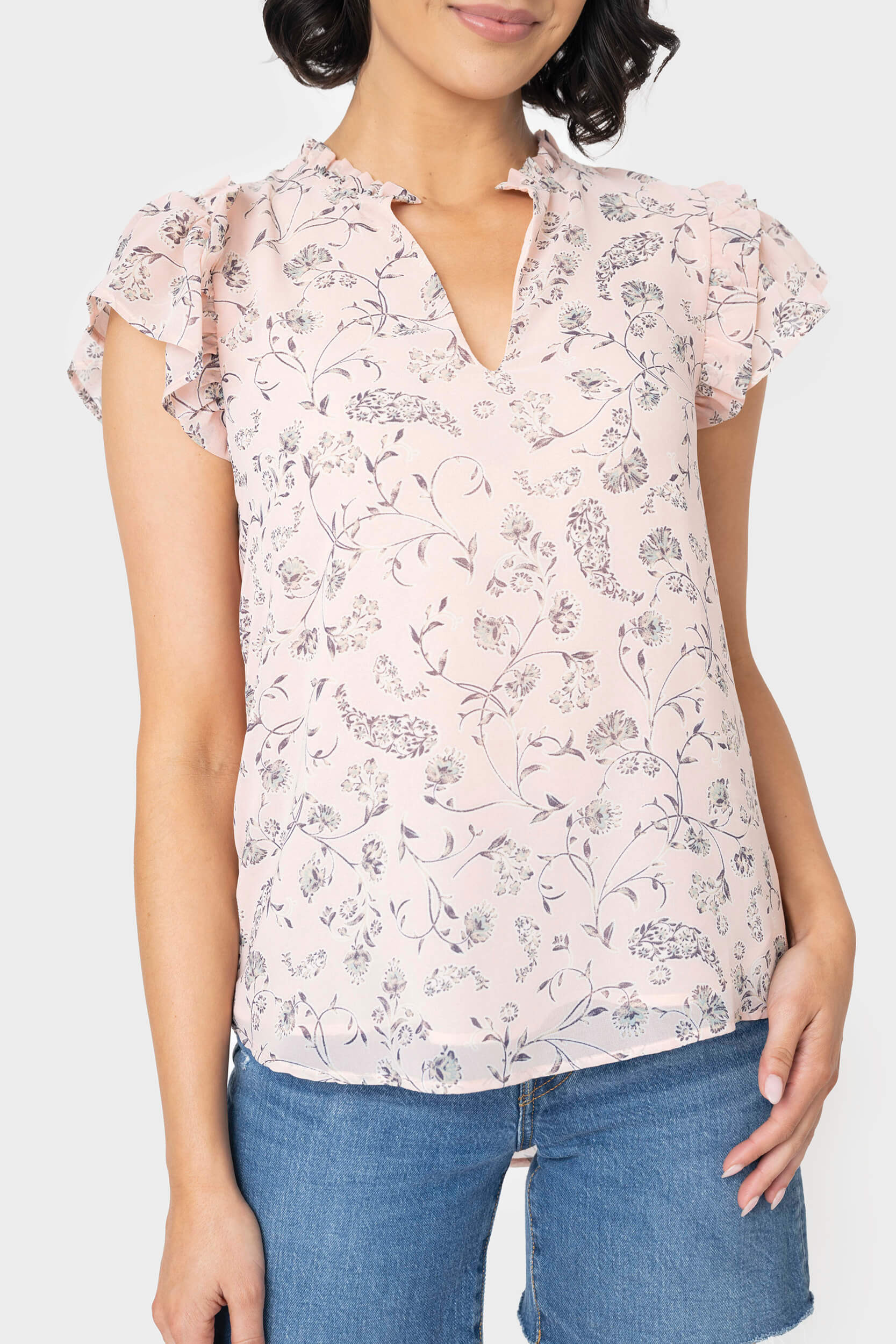 Split Neck Flutter Sleeve Blouse | Gibson