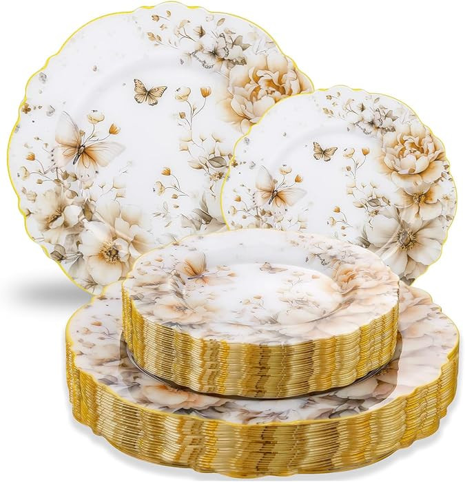 WDF 20Pack Floral Plates Disposable - Fancy Baroque Butterfly Plates - 10’’ and 7’’ Flora... | Amazon (US)