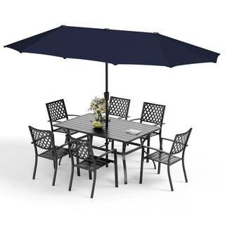 8-Piece Metal Patio Outdoor Dining Set with Navy Umbrella | The Home Depot