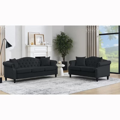 2 Piece Chesterfield Black Velvet Tufted Sofa and Loveseat Set,5-Seater Couch with Rolled Arms & Nailhead Trim for Living Room | Target