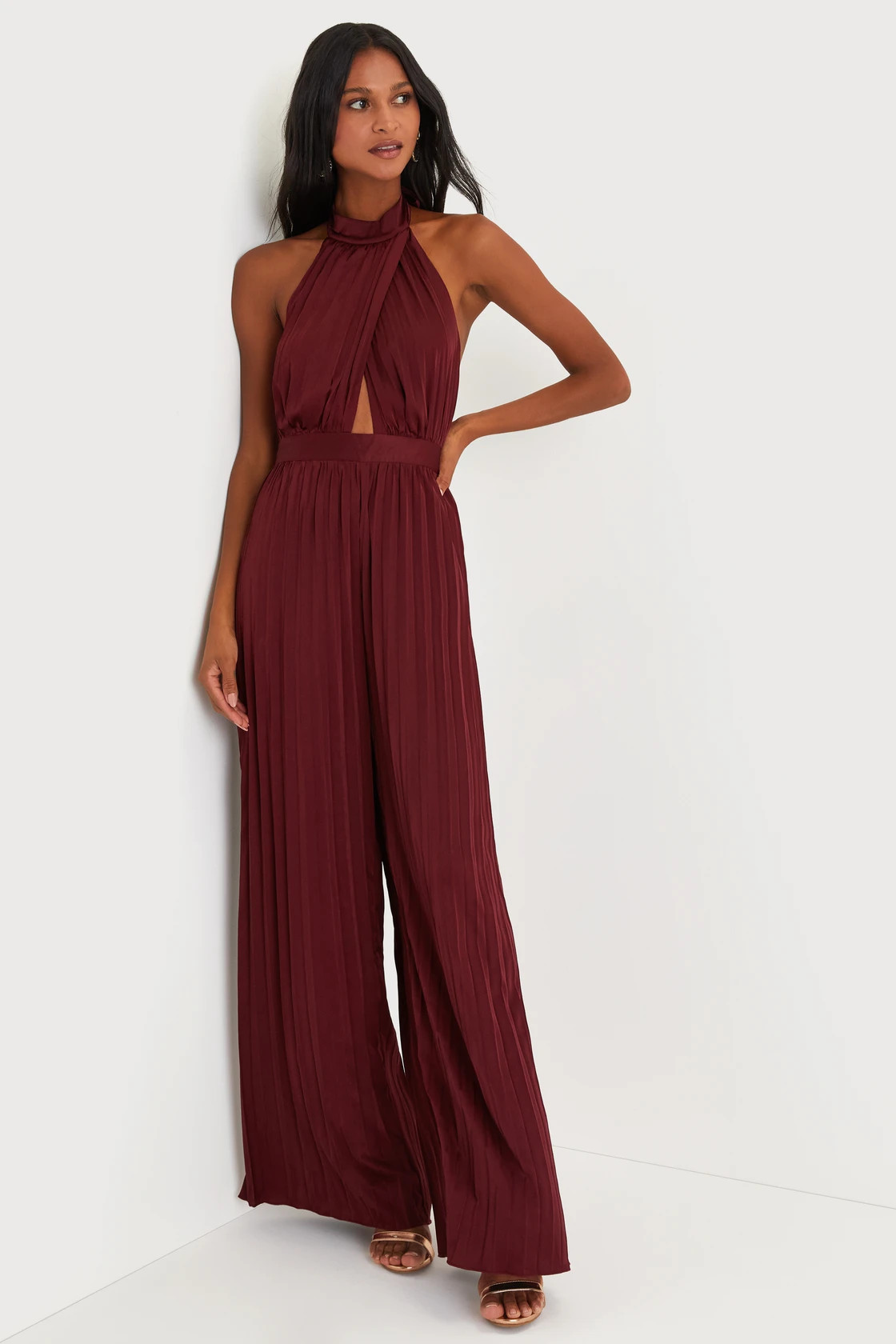 Confident Impression Burgundy Satin Pleated Halter Jumpsuit | Lulus (US)