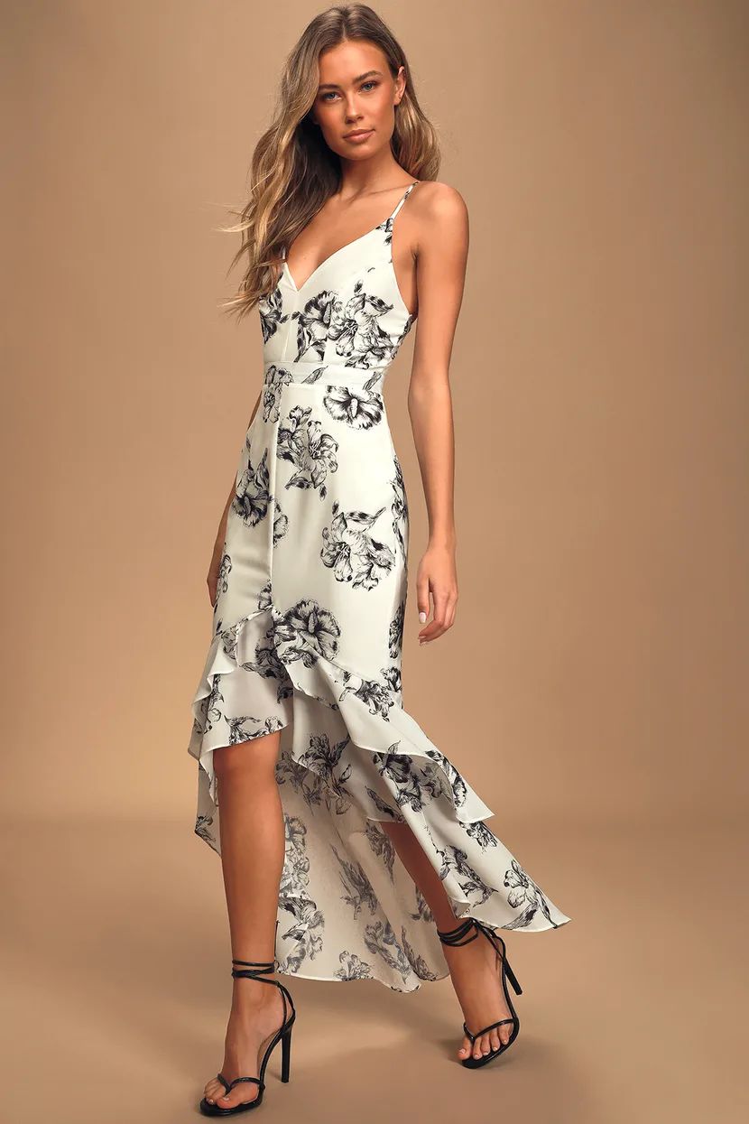 Darling Daylily Black and White Floral Print High-Low Maxi Dress | Lulus (US)