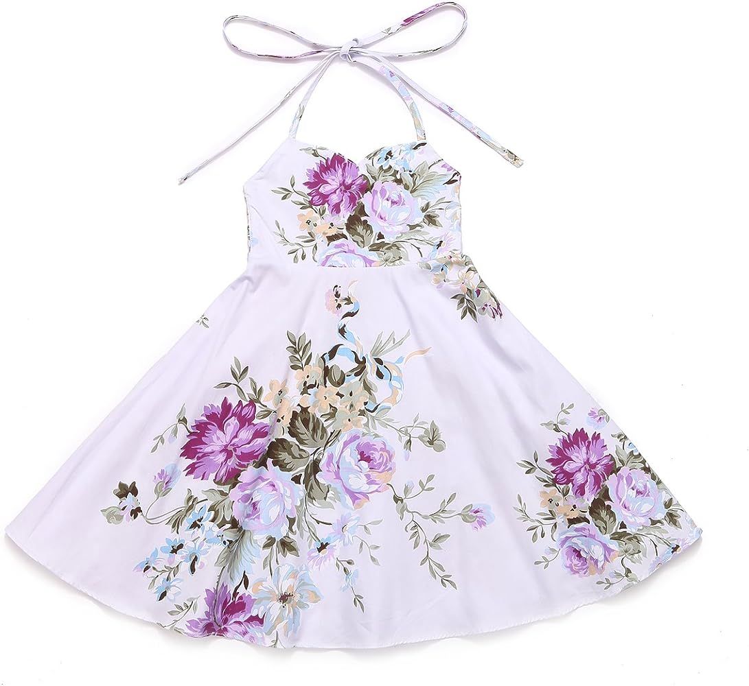 Flofallzique Floral Girls Tea Party Dress Summer Vintage Backless Kids Halter Beach Sundress | Amazon (US)