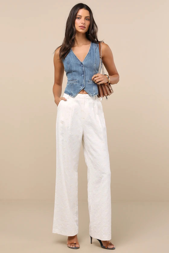 Andrey Cream Floral Embroidered Straight-Leg Trouser Pants | Lulus