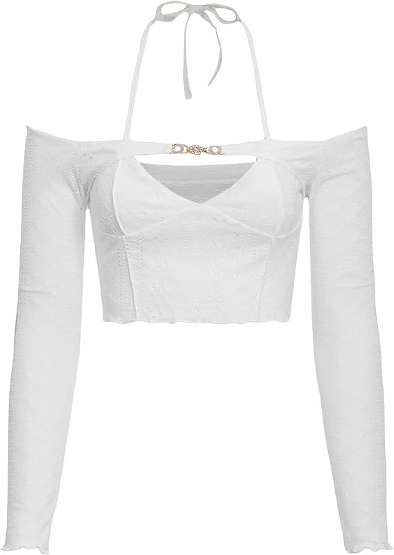 Verdusa Women's Cut Out Long Sleeve Off Shoulder Halter Crop T Shirts Top | Amazon (US)