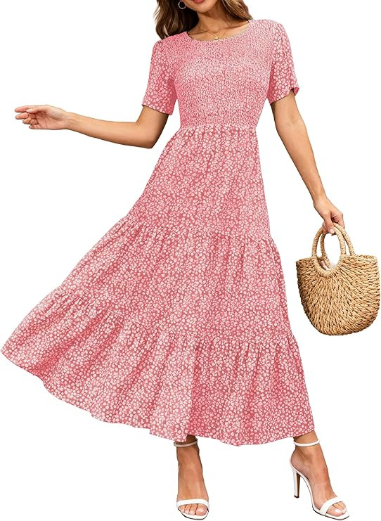 BTFBM Women Casual Short Sleeve Crew Neck Summer Dress Bohemian Floral Printed Flowy Maxi Dresses... | Amazon (US)