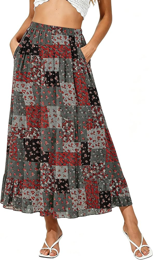 Women's Elastic High Waist Chiffon Boho Maxi Skirt with Pockets | Amazon (US)
