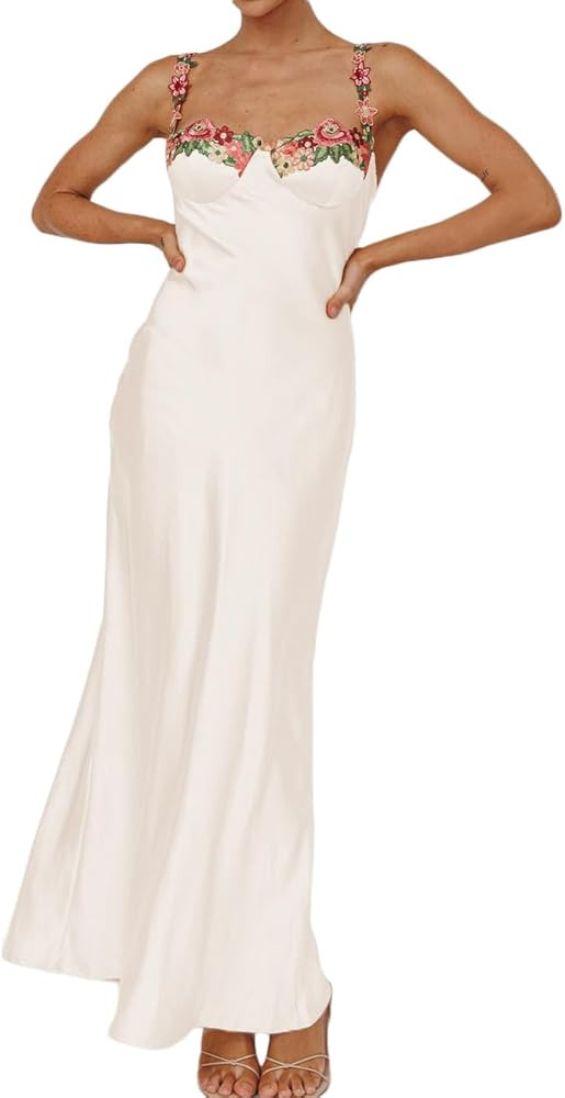 Sexy Satin Spaghetti Strap Floral Embroidered Maxi Dress for Women Sweetheart Neckline Backless S... | Amazon (US)