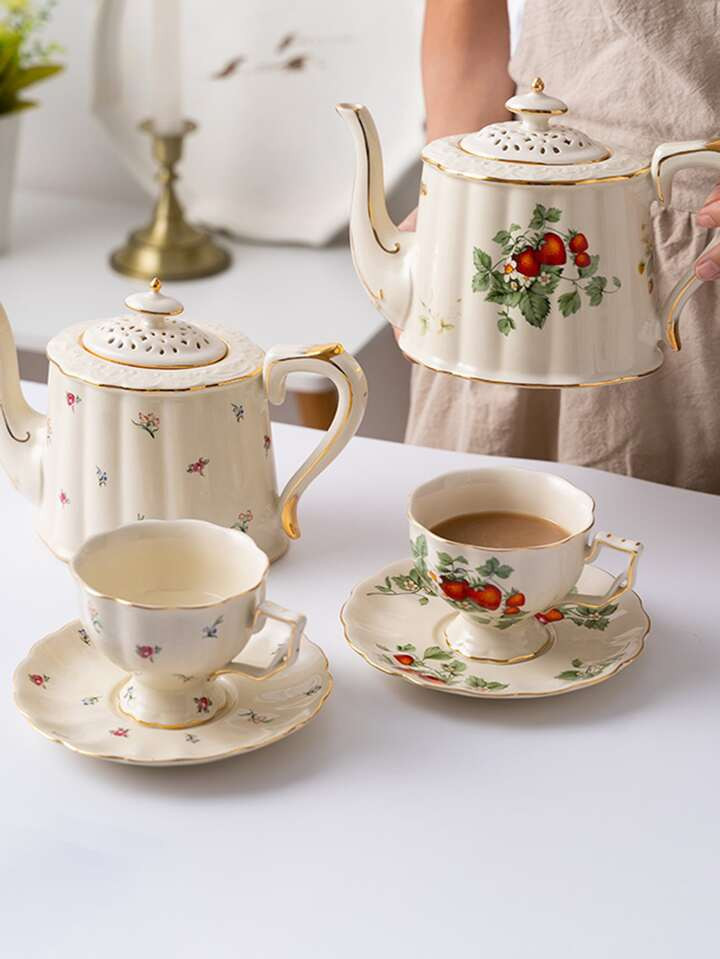 2pcs/set 220ml European Style Vintage Floral Ceramic Cup & Saucer Set, Golden Rim Large Tea Cup, ... | SHEIN