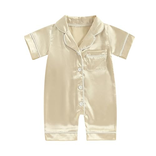 MAINESAKA Newborn Baby Girl Boy One Piece Pajama Romper Sleep Jumpsuit Silk Satin Long Sleeve Button Down Pjs Sleepwear (E-Gold, 6-12 Months) | Amazon (US)