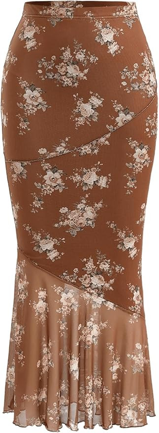 Milumia Women's Floral Mesh Ruffle Hem Maxi Skirt High Waisted Fishtail Long Skirts | Amazon (US)