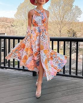 ZESICA Women's Halter Neck Floral Print Backless Split Beach Party Maxi Dress | Amazon (US)