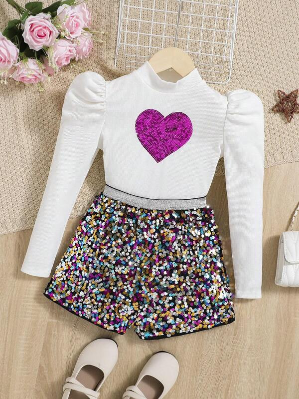 SHEIN Kids Cooltwn Tween Girl Heart Sequin Mock Neck Puff Sleeve Tee & Sequin Shorts | SHEIN