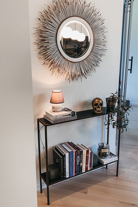 Slim Console Table. Mini Lamp. Sunburst Mirror. Gold Skull.

#LTKSeasonal #LTKHalloween #LTKhome