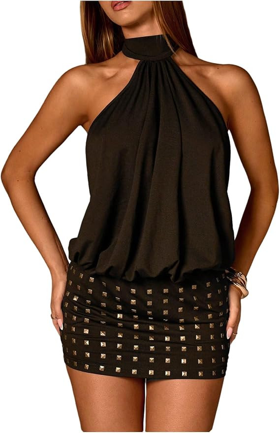 Women's Rivet Studded Halter Dress Tie Backless Sleeveless Bodycon Going Out Mini Dresses | Amazon (US)