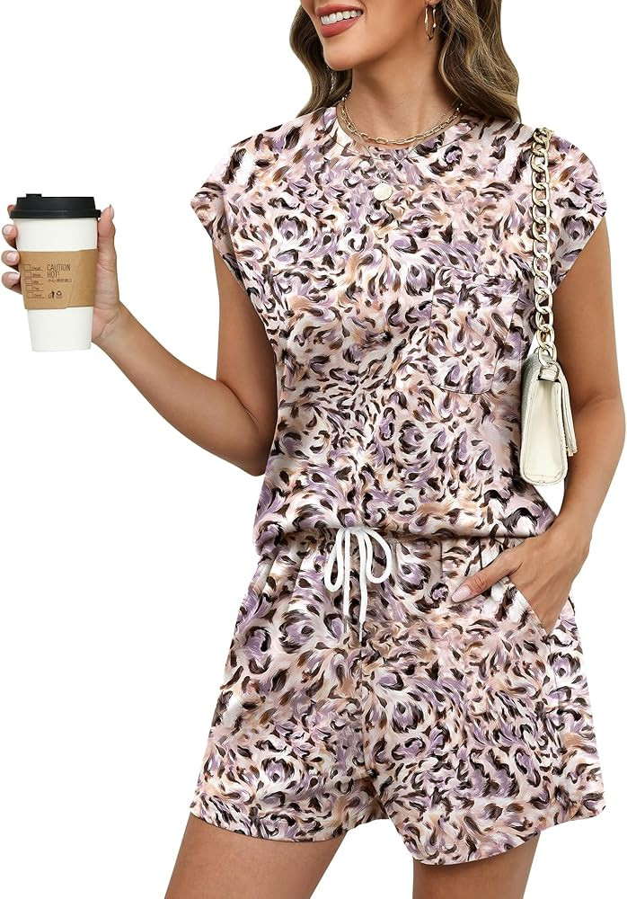 LOMON Two Piece Shorts Sets for Women Vacation Trendy Lounge Sets Crew Neck Matching Sets Cap Sle... | Amazon (US)