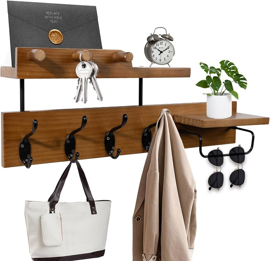 Coat Rack Wall Mount with Shelf, 4 in 1 Wood Coat Hooks with Key and Mail Holder, 17 Inch Entrywa... | Amazon (US)