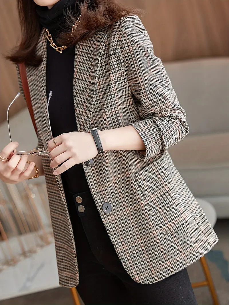 Houndstooth Print Button Front Blazer Elegant Notched Collar - Temu | Temu Affiliate Program
