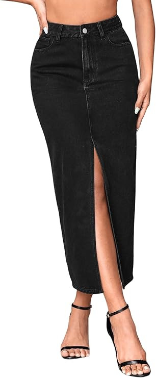 SweatyRocks Women's Casual High Waist Denim Skirt Split Hem Raw Trim Midi Jean Skirts | Amazon (US)