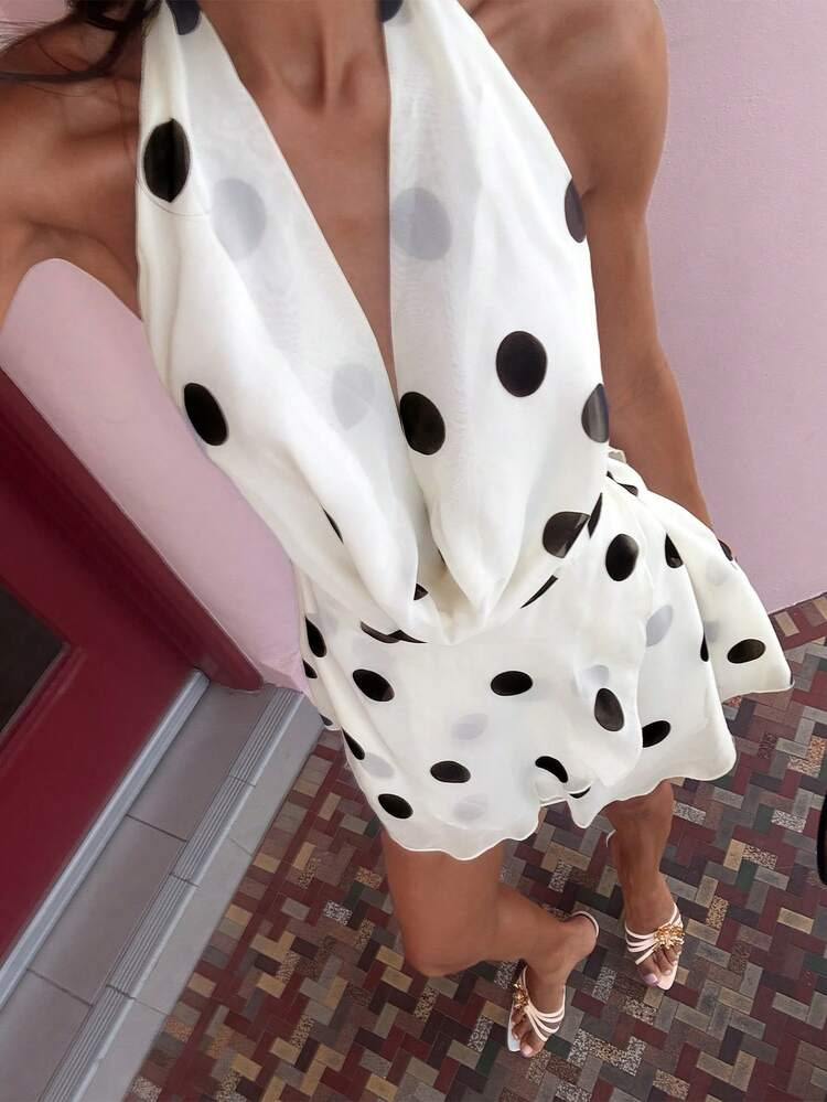 Opulessa Women's Polka Dot Plunging Neck Backless Mini Dress, Spring Break Outfits, Summer Outfits, Valentine's Day, Beach Dress, Elegant Wedding Guest Dress, Birthday Dress, Casual Dresses, Vacation Outfits, Going Out Dress, Spring To Summer, Elegant Dresses For Party, Beach Outfit, Wedding Guest Dresses, Summer Vacation Outfits | SHEIN