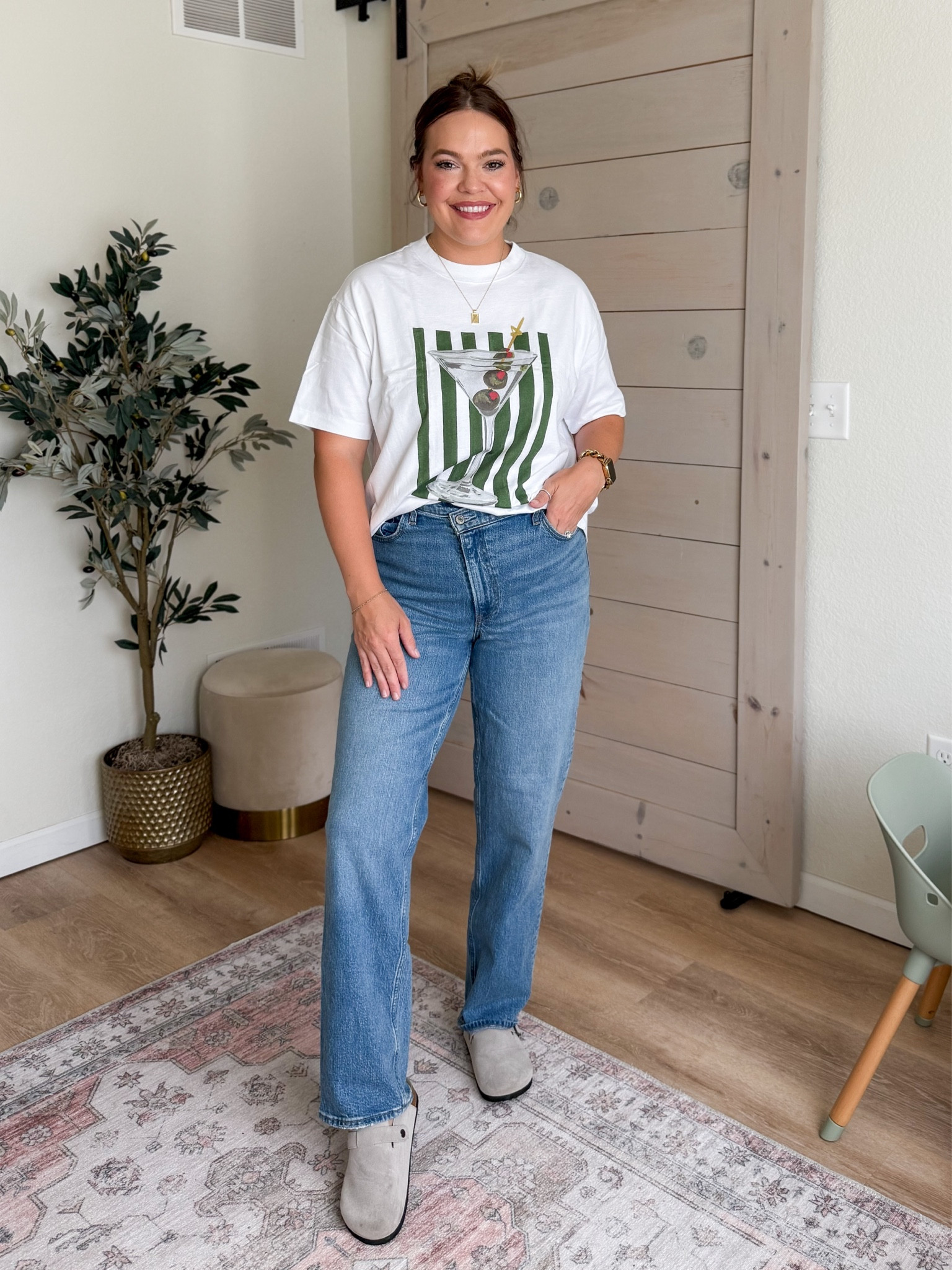 Oversized tee in size large / true size 30 in jeans in the asymmetrical zipper - I’d go with regular zipper over these tho. Use code DENIMAF for additional 20% off their current sale thru 8/11 

#LTKMidsize #LTKSaleAlert #LTKStyleTip