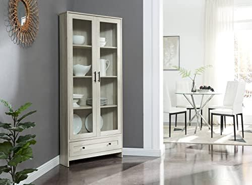 Home Source Corner Storage Cabinet in White Oak with Glass Doors | Amazon (US)