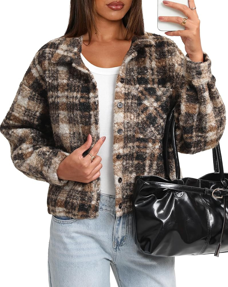 Darong Women's Cropped Fuzzy Fleece Jacket Button Down Plaid Leopard Jackets 2025 Fall Winter Sof... | Amazon (US)