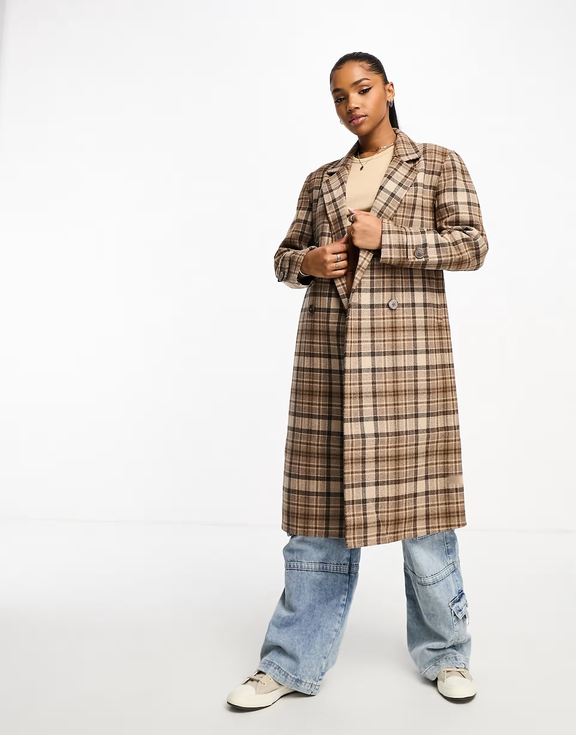 Urban Revivo plaid print double breasted long coat in brown | ASOS (Global)