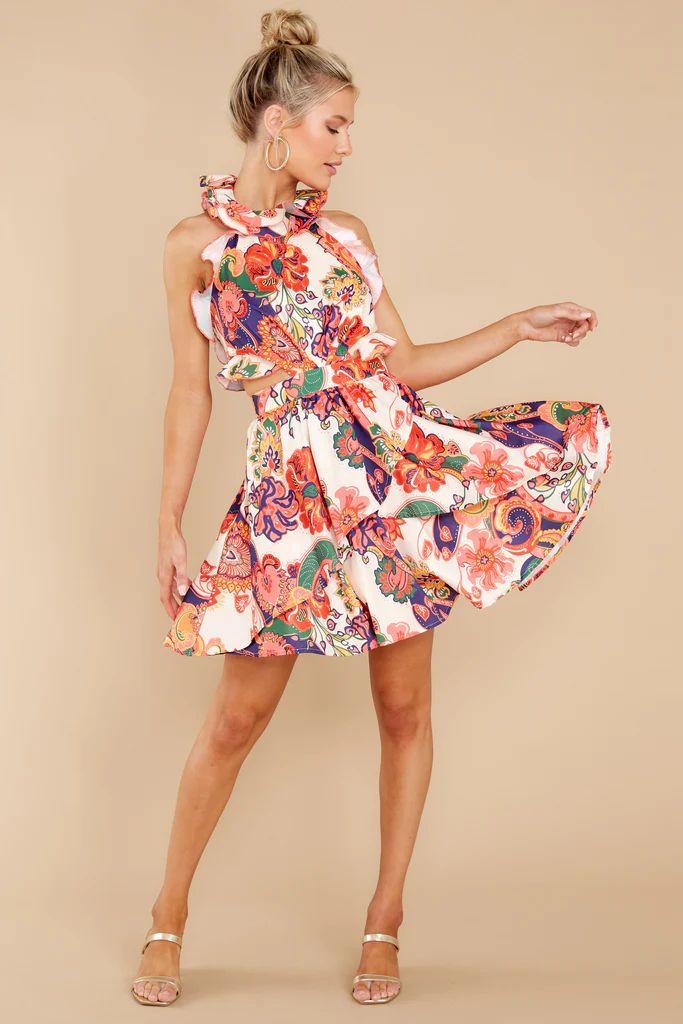 Fiesta Nights Ivory And Coral Multi Print Dress | Red Dress 