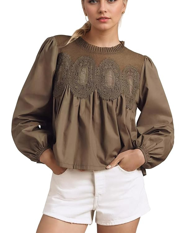 Women's Lace Mesh Floral Embroidery Blouse Long Puff Sleeve Dressy Babydoll Top Ruffle Hem Patchw... | Amazon (US)