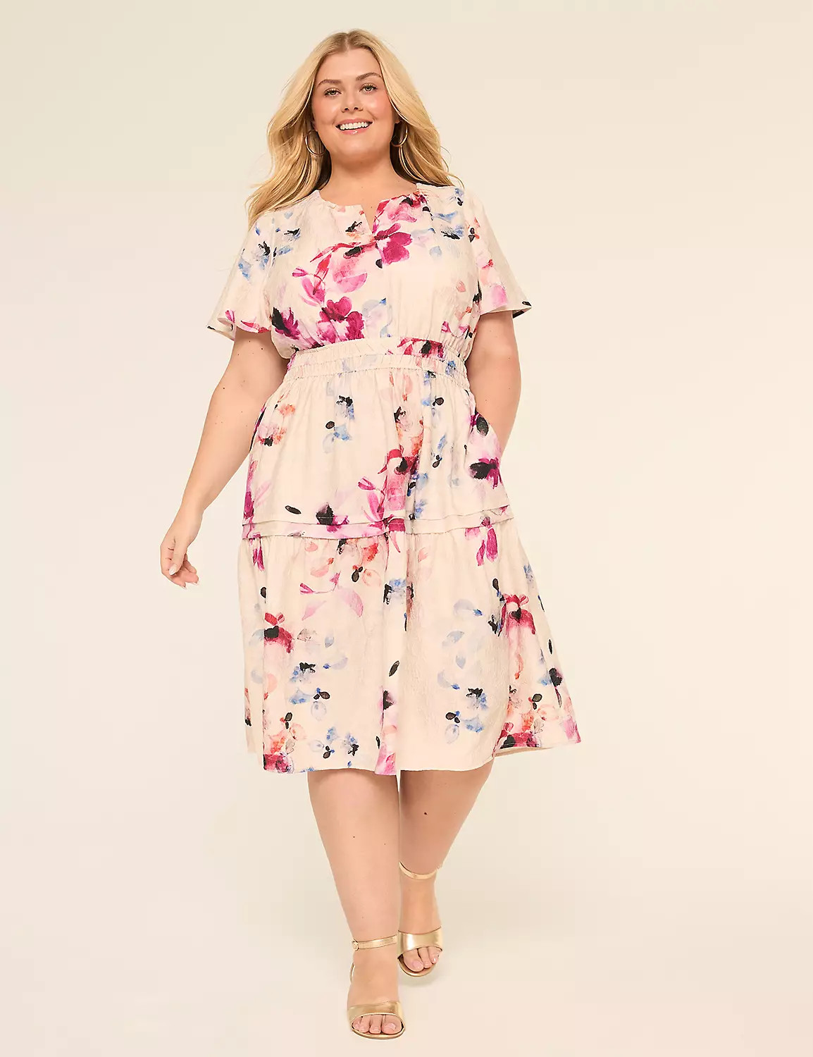 Surplice Neck Smocked Waist Tiered Textured Dress | Lane Bryant (US)