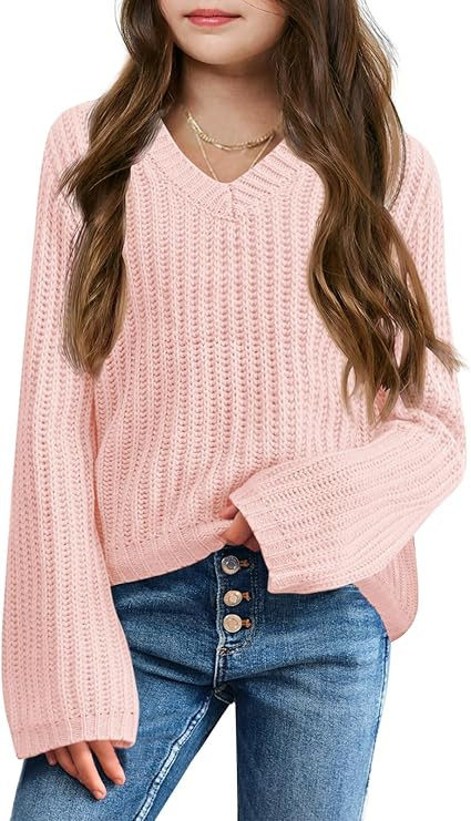 Imily Bela Girls Bell Sleeve V Neck Knit Sweaters Kids Fashion Crop Pullover Sweater Tops | Amazon (US)