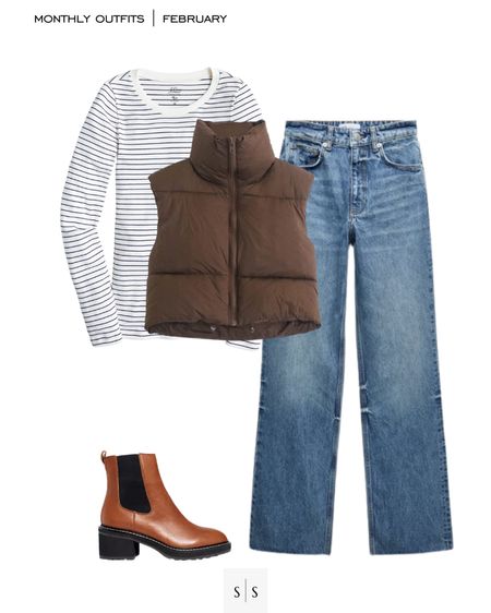 Monthly outfit planner : FEBRUARY looks | #casualstyle #widelegjean #puffervest #everydayoutfit #winterstyle #stripedtee #casualchic #springoutfit #winteroutfit | See entire calendar on thesarahstories.com ✨

#LTKstyletip