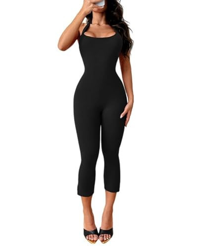 ECHOINE Backless Halter Neck Jumpsuit For Women Bodycon Cropped Capri Romper Black S | Amazon (US)