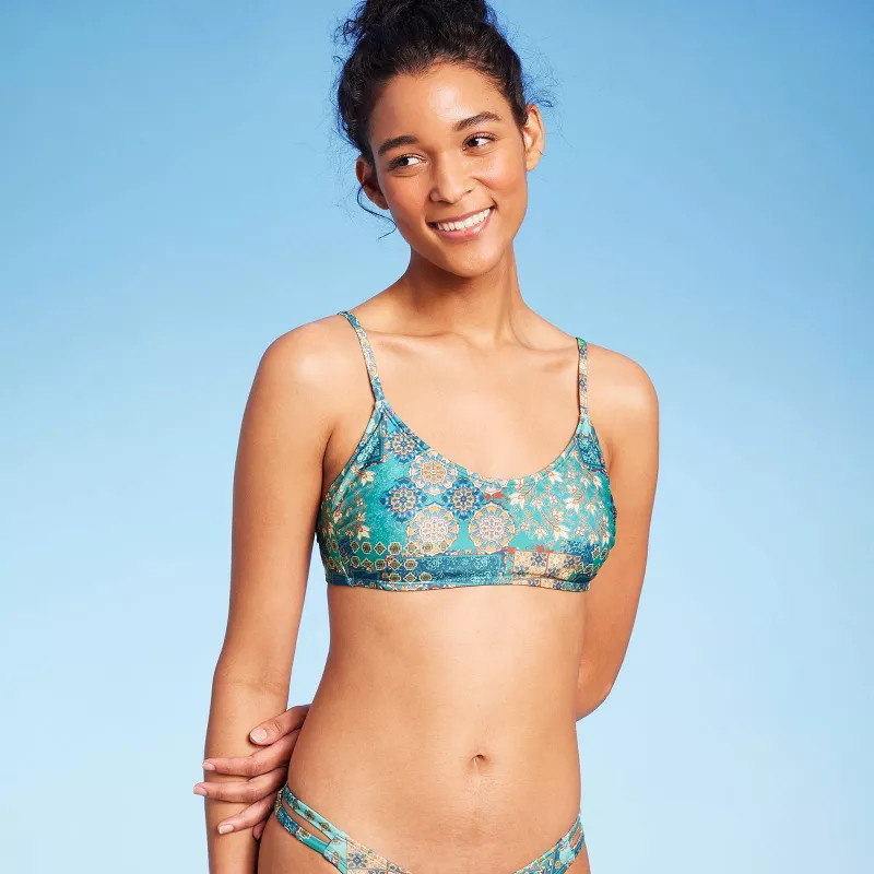 Women's Scoop Front Bralette Bikini Top - Wild Fable™ Blue Patchwork Print | Target