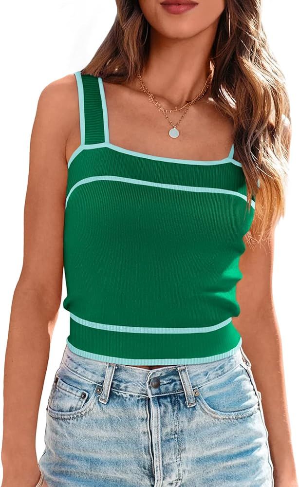 NALANISA Women's Trendy Summer Square Neck Slim Fit Crop Tank Tops 2024 Casual Color Block Sleeve... | Amazon (US)