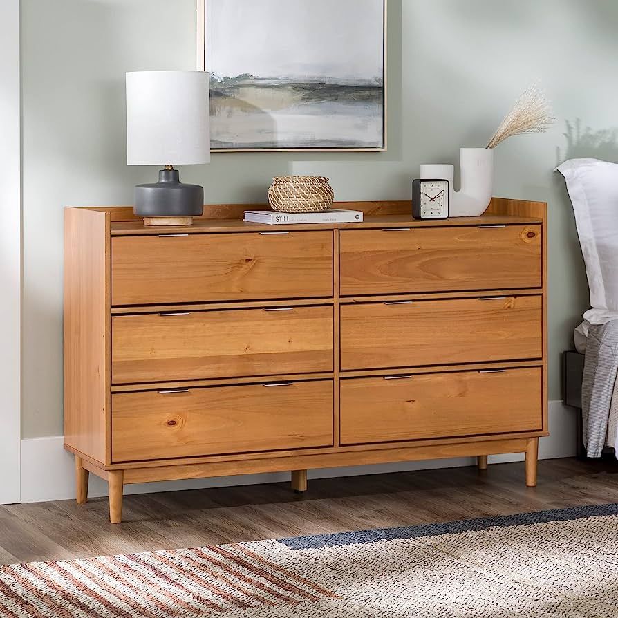 Walker Edison Polay Modern Solid Wood 6-Drawer Dresser with Gallery-Top, 55 Inch, Caramel | Amazon (US)