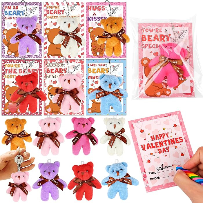 28 Pack Valentines Day Gifts for Kids with Mini Plush Bear Keychains, Valentines Cards for Kids, ... | Amazon (US)