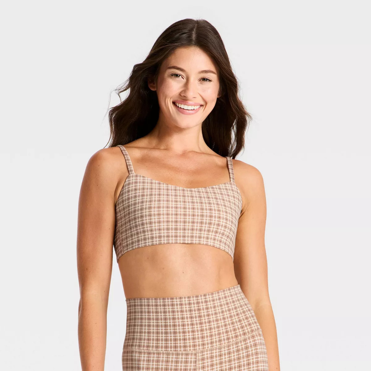 Women's Everyday Soft Light Support Strappy Sports Bra - All In Motion\u2122 Tan Plaid M | Target