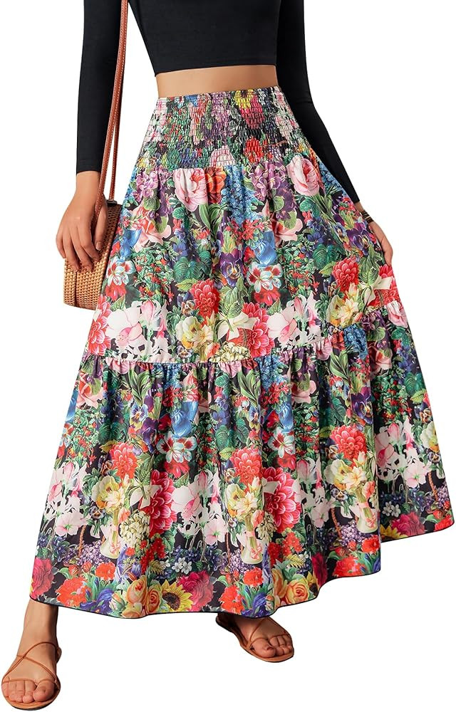 YHYJMY Women's Boho Skirt Elastic High Waist Pleated A-Line Flared Maxi Skirts Womens Flowy Long ... | Amazon (US)