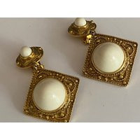 Designer Etruscan Kenneth Lane Kjl White Cabochon Dangle Clip Style Earrings Signed | Etsy (US)