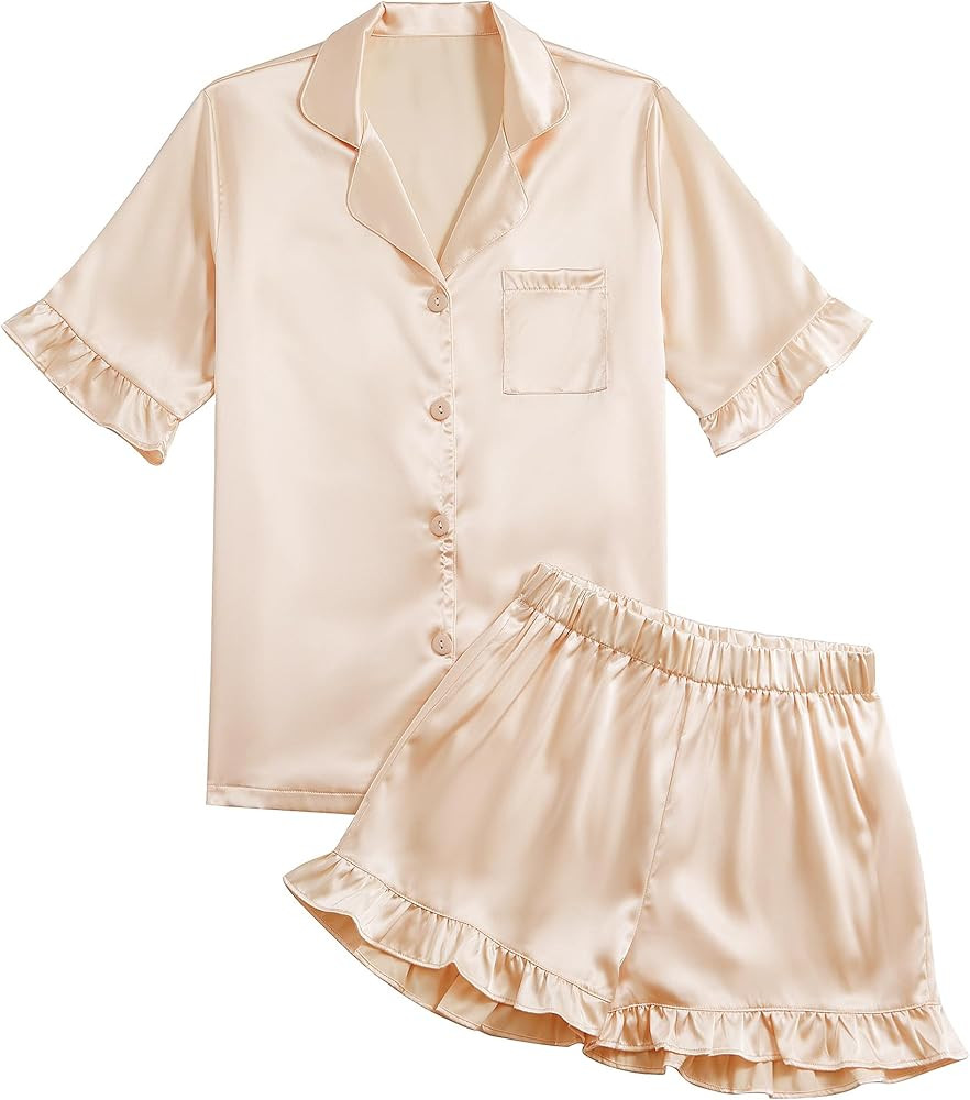Umenlele Women's Satin Silky Collar V Neck Ruffle Short Sleeve Top and Shorts Sleepwear PJs Pajam... | Amazon (US)