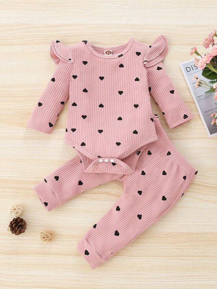 Baby Heart Print Ruffle Trim Bodysuit & Sweatpants | SHEIN