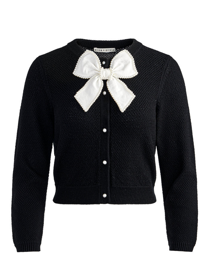 alice + olivia Dollie Wool Cardigan w/Bow, Black/Soft White | Shop Simon