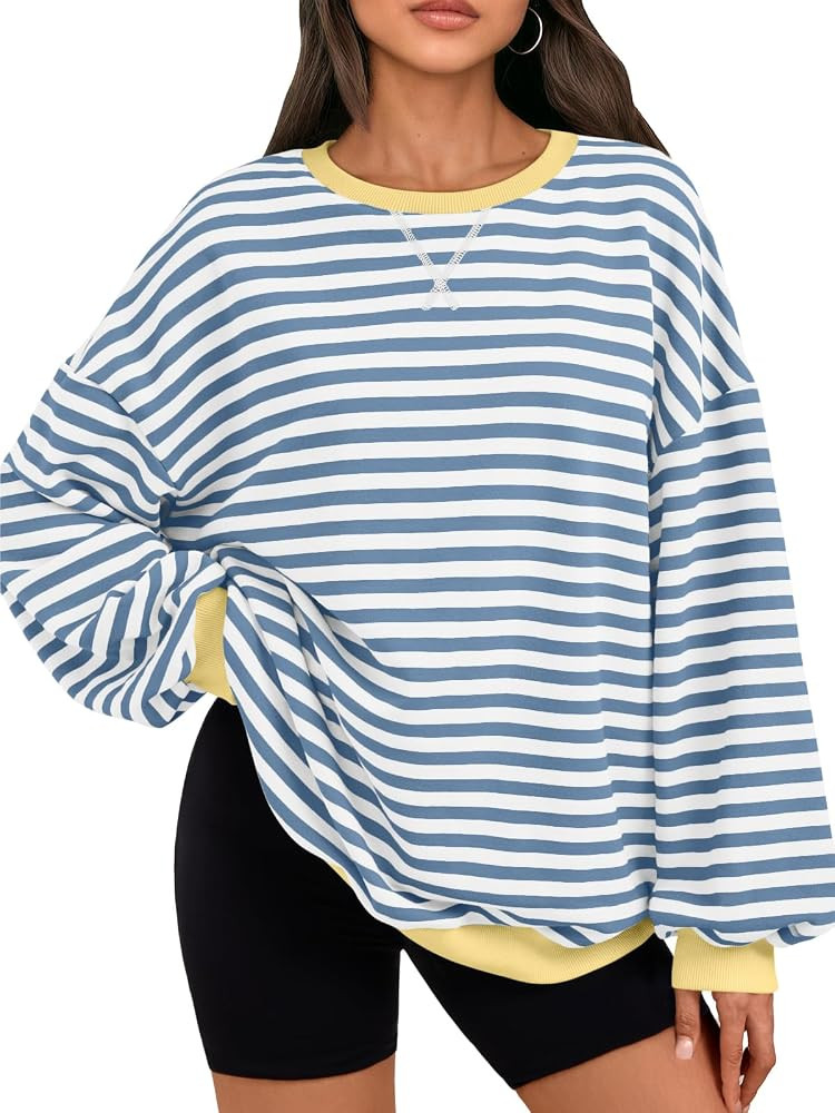 Trendy Queen Oversized Sweatshirt for Women 2025 Fall Crewneck Striped Long Sleeve Shirts Hoodies... | Amazon (US)